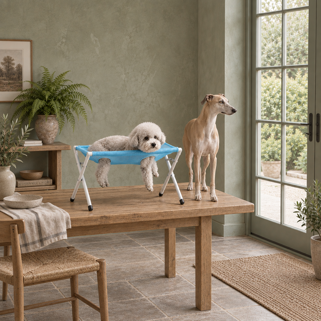 Elder foldable pet grooming rack with mesh sling and adjustable straps, room view