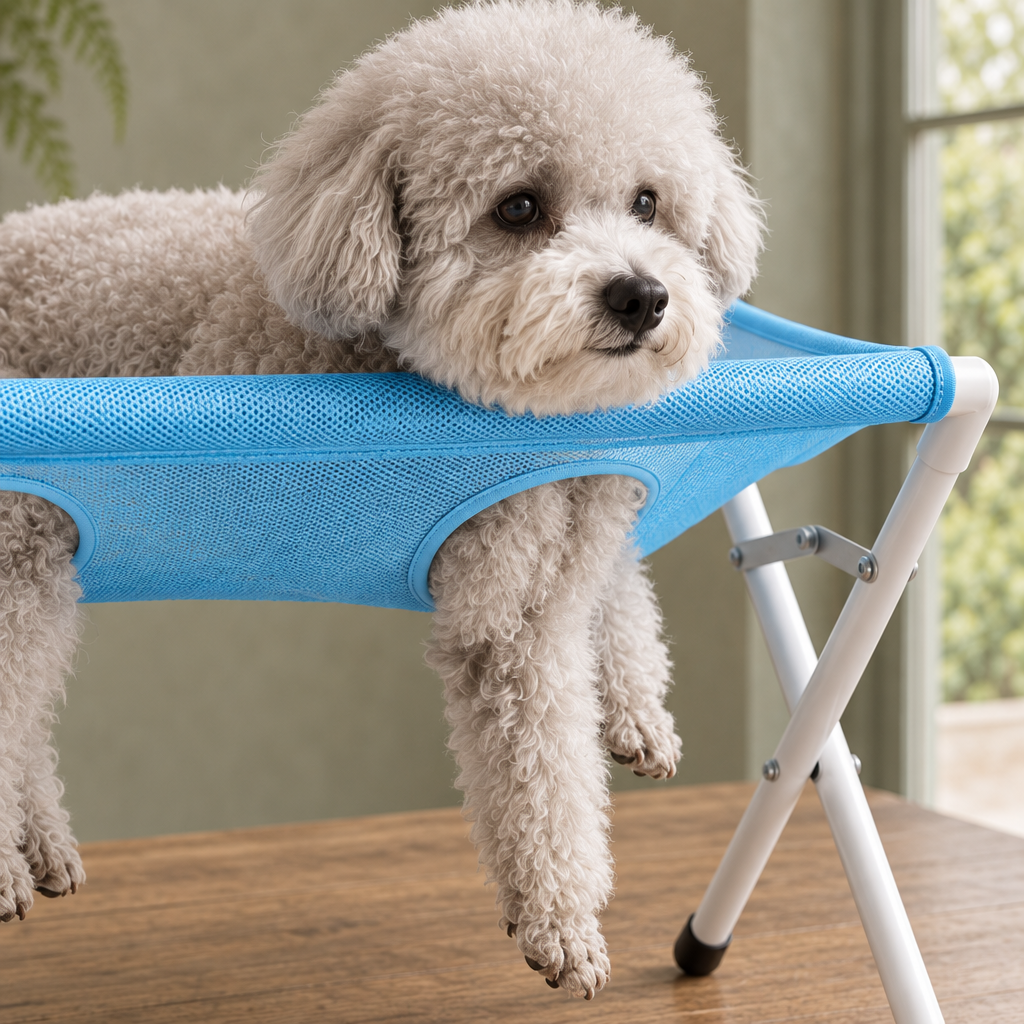 Elder foldable pet grooming rack with mesh sling and adjustable straps, close detail of the material