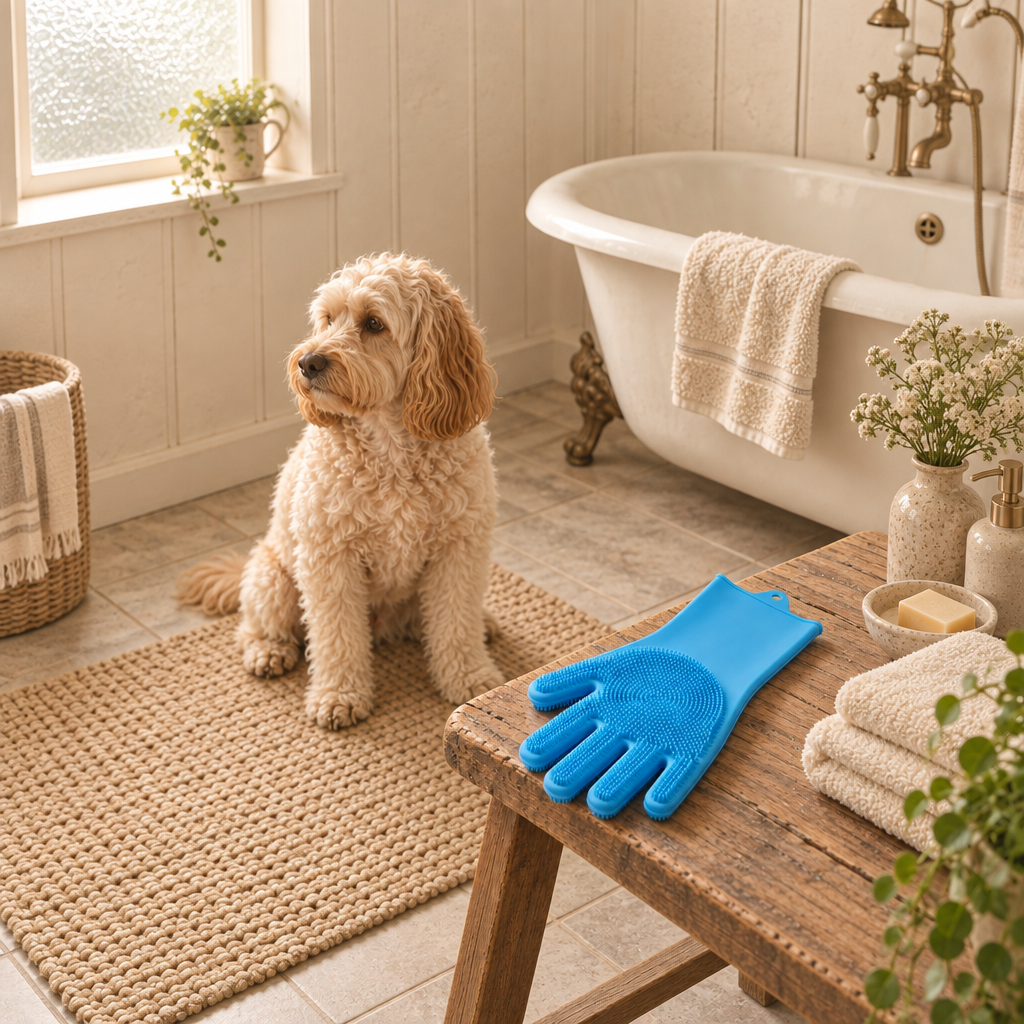 Otter silicone pet bathing and de-shedding glove with soft nubs and wrist strap, room view