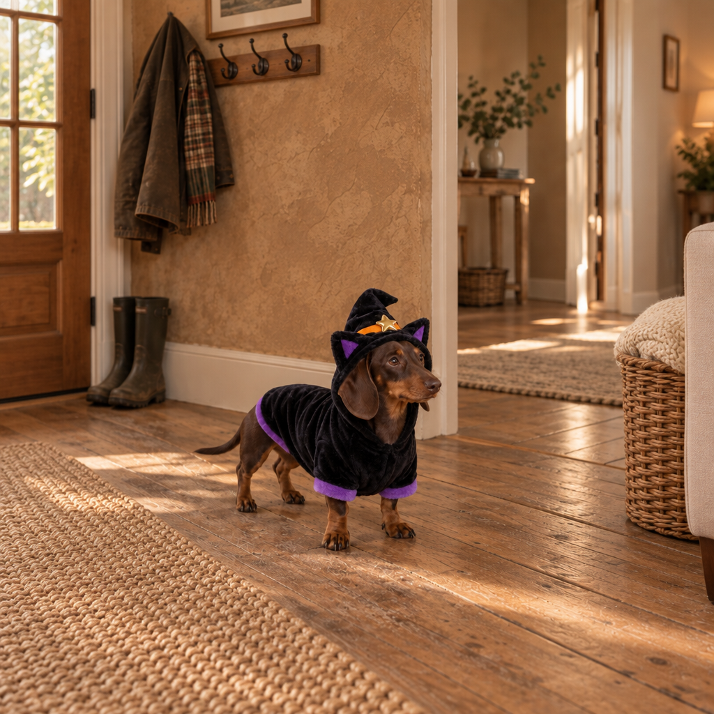 Bexley fleece pumpkin dog hoodie with brushed lining and hood, room view
