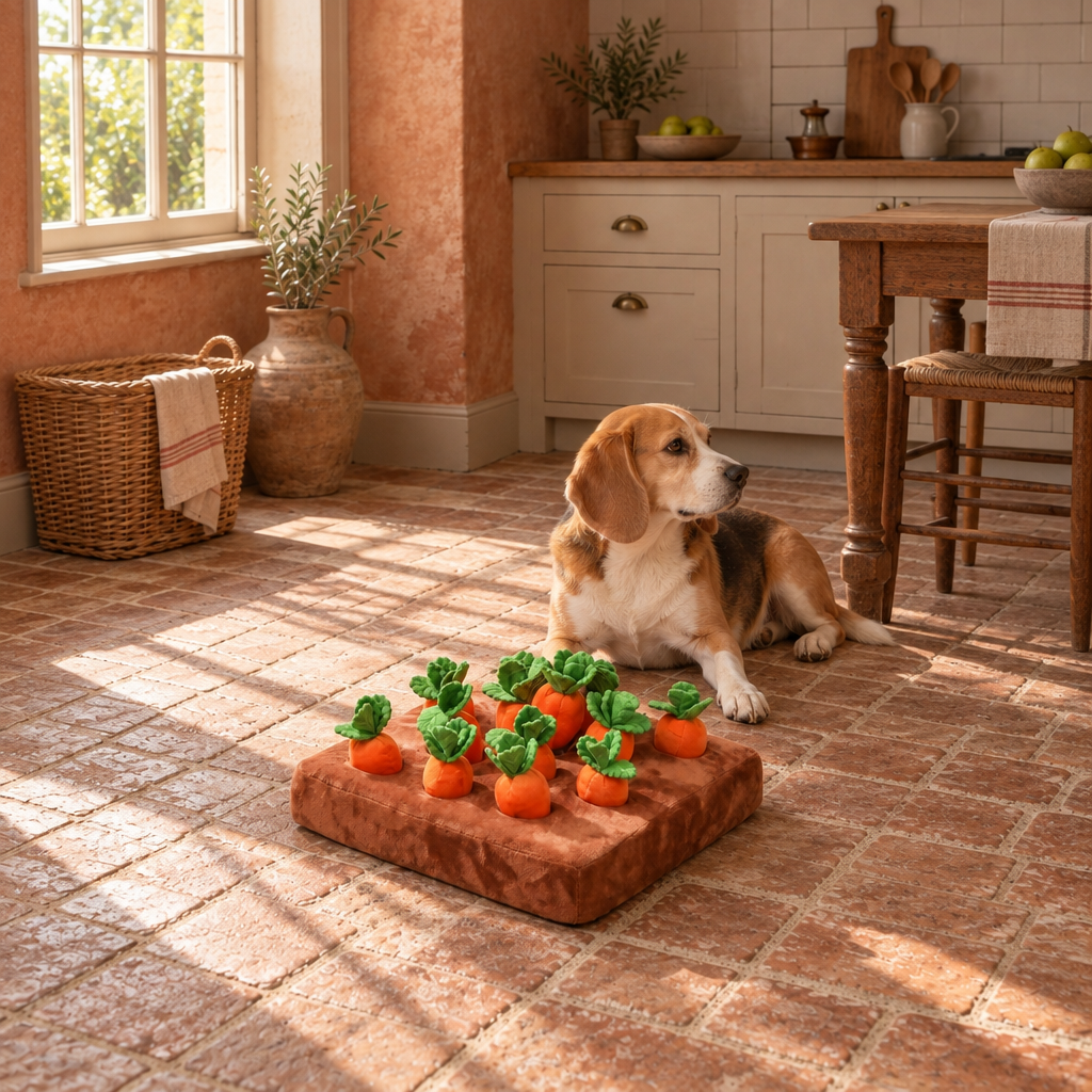 Kestrel plush dog snuffle mat with pull-out carrot toys, room view