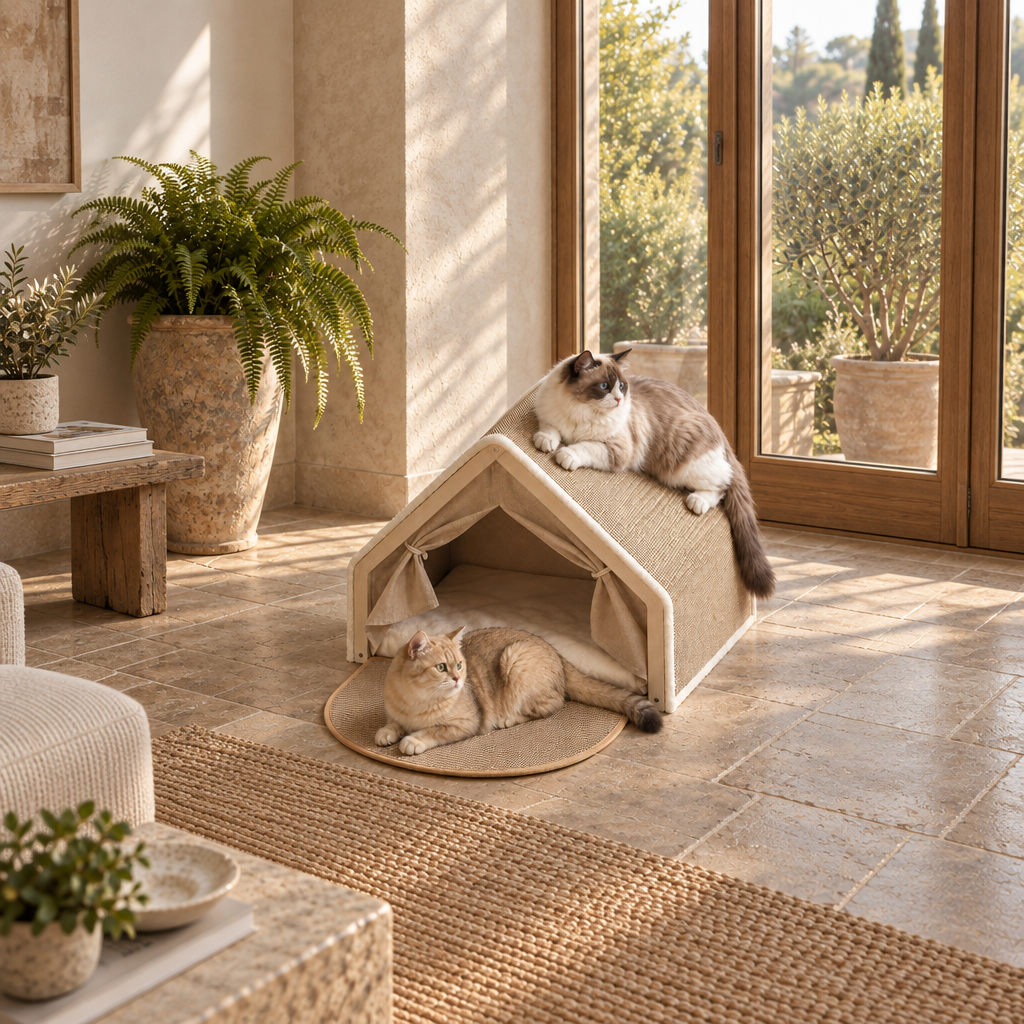 Ferris solid wood cat tent house with sisal-covered pitched roof, room view