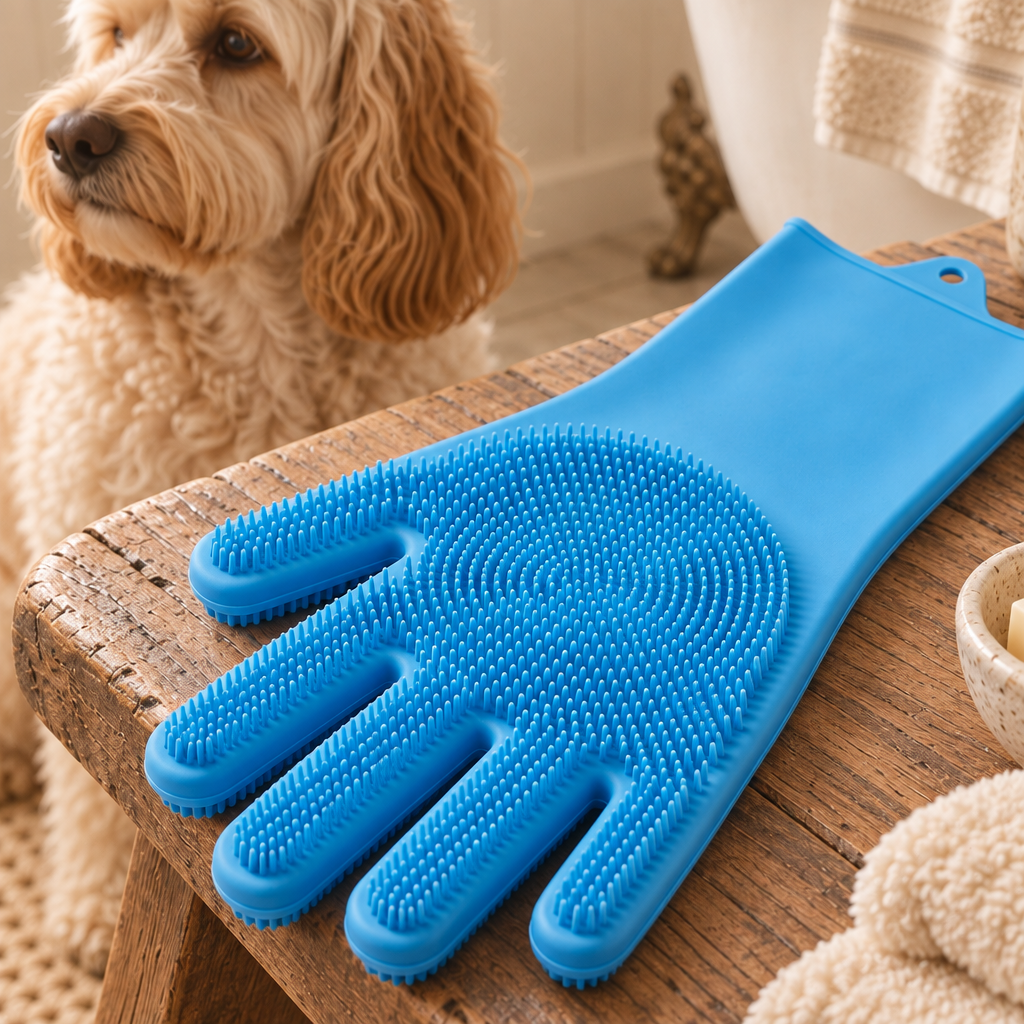 Otter silicone pet bathing and de-shedding glove with soft nubs and wrist strap, close detail of the material
