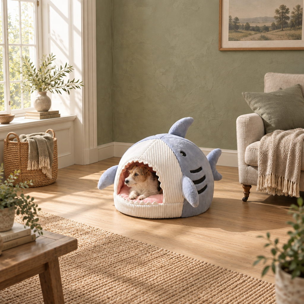 Barley padded shark-shaped pet bed with cushioned base and open mouth entrance, room view