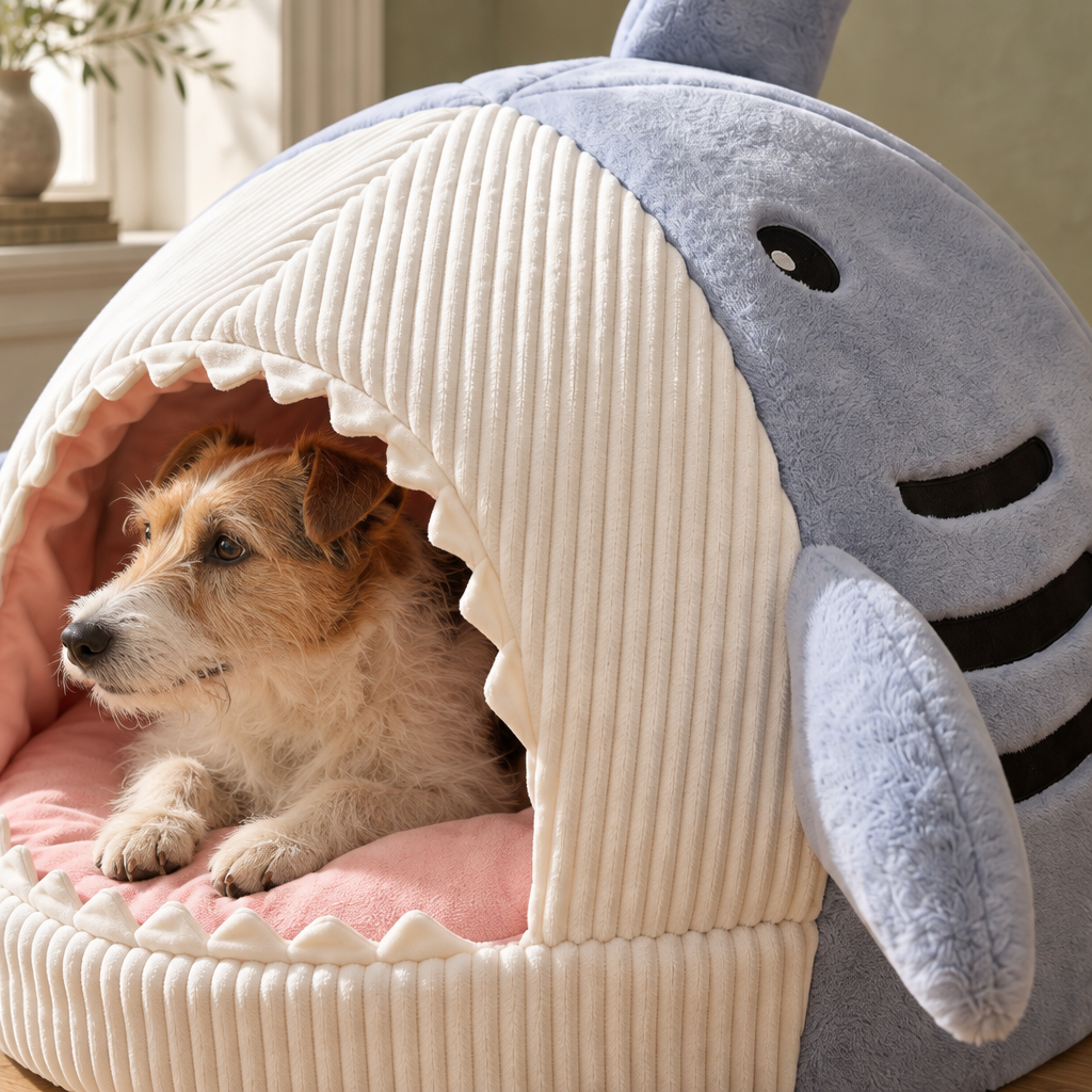 Barley padded shark-shaped pet bed with cushioned base and open mouth entrance, close detail of the material