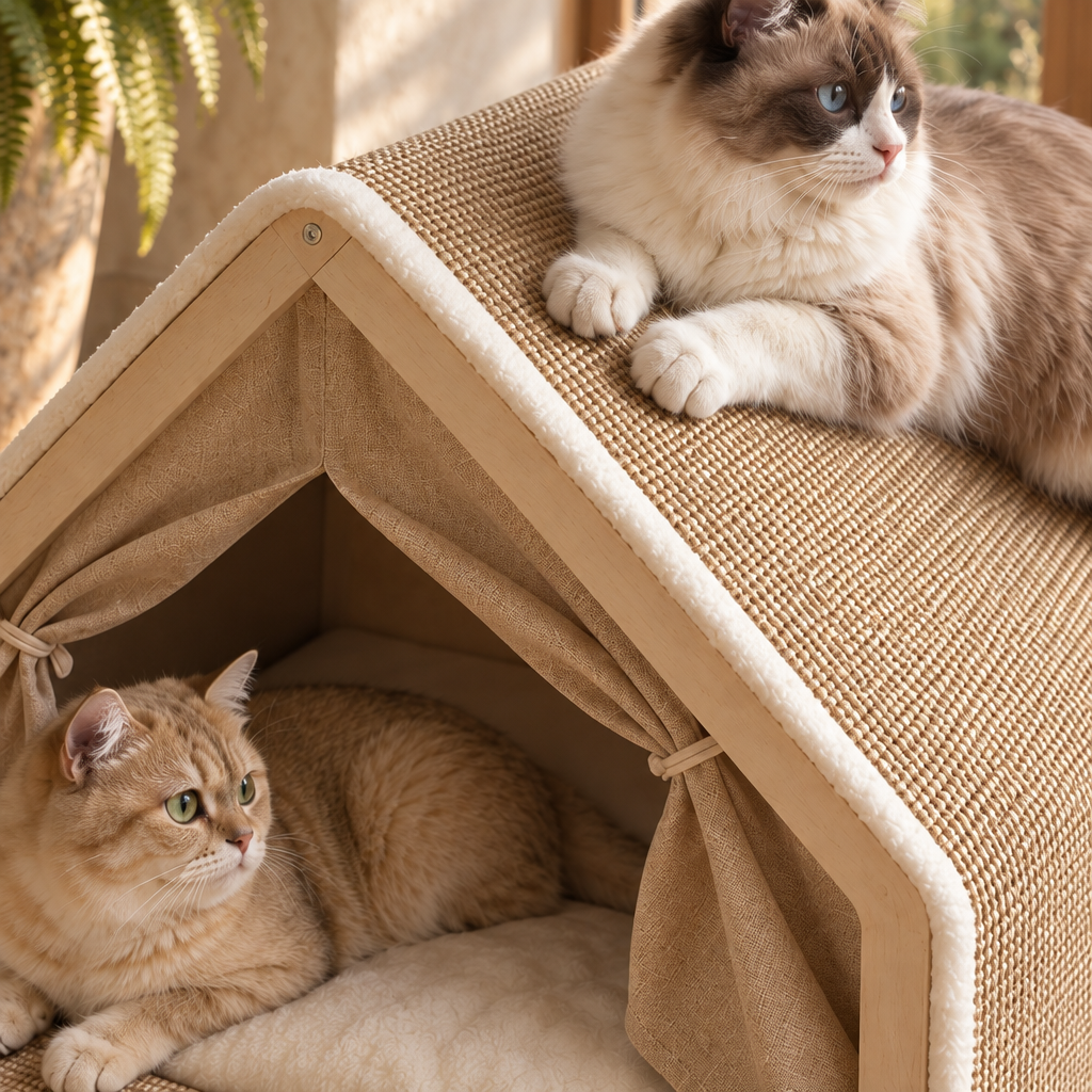 Ferris solid wood cat tent house with sisal-covered pitched roof, close detail of the material