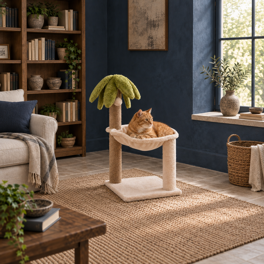 Marlow two-level cat tree tower with sisal-wrapped posts, room view
