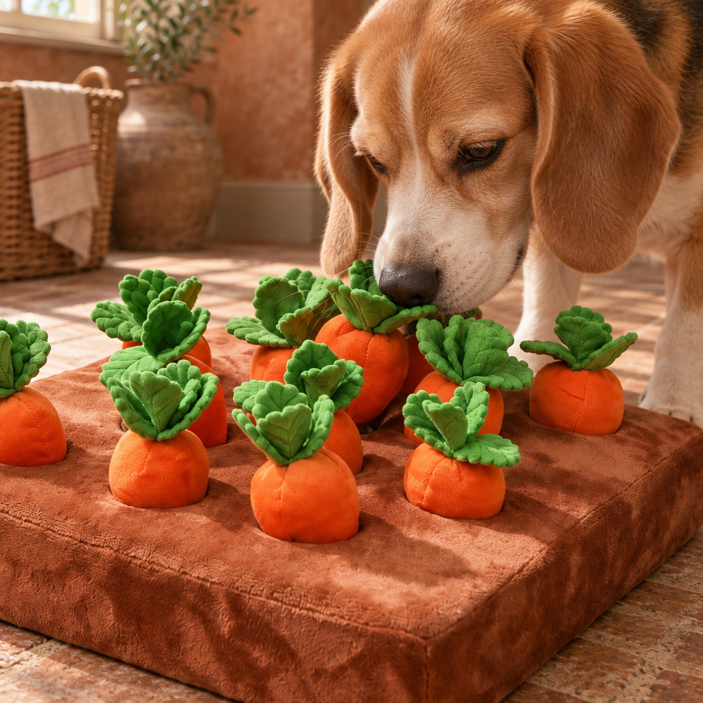 Kestrel plush dog snuffle mat with pull-out carrot toys, close detail of the material