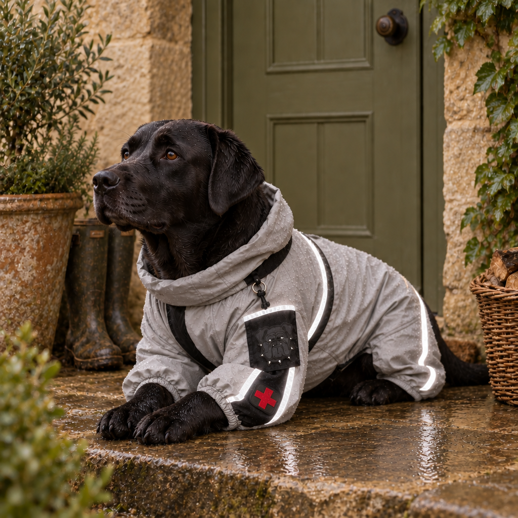 Moss full-coverage waterproof dog raincoat jumpsuit with hooded neckline and reflective detailing