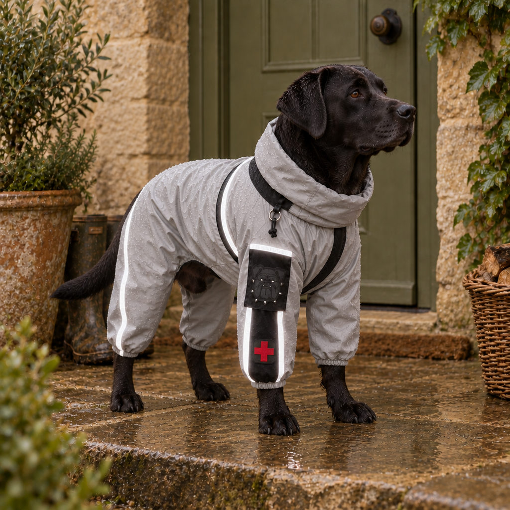 Moss full-coverage waterproof dog raincoat jumpsuit with hooded neckline and reflective detailing