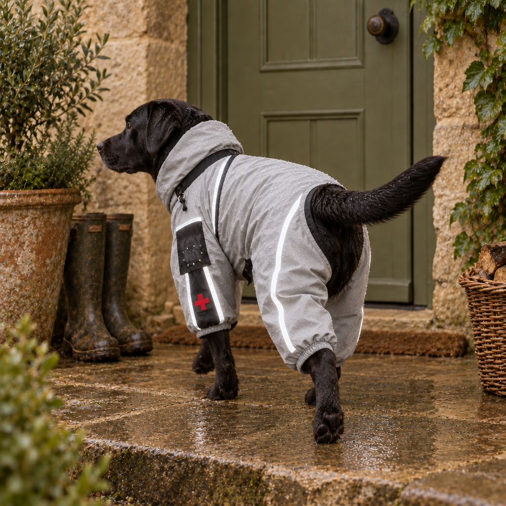 Moss full-coverage waterproof dog raincoat jumpsuit with hooded neckline and reflective detailing