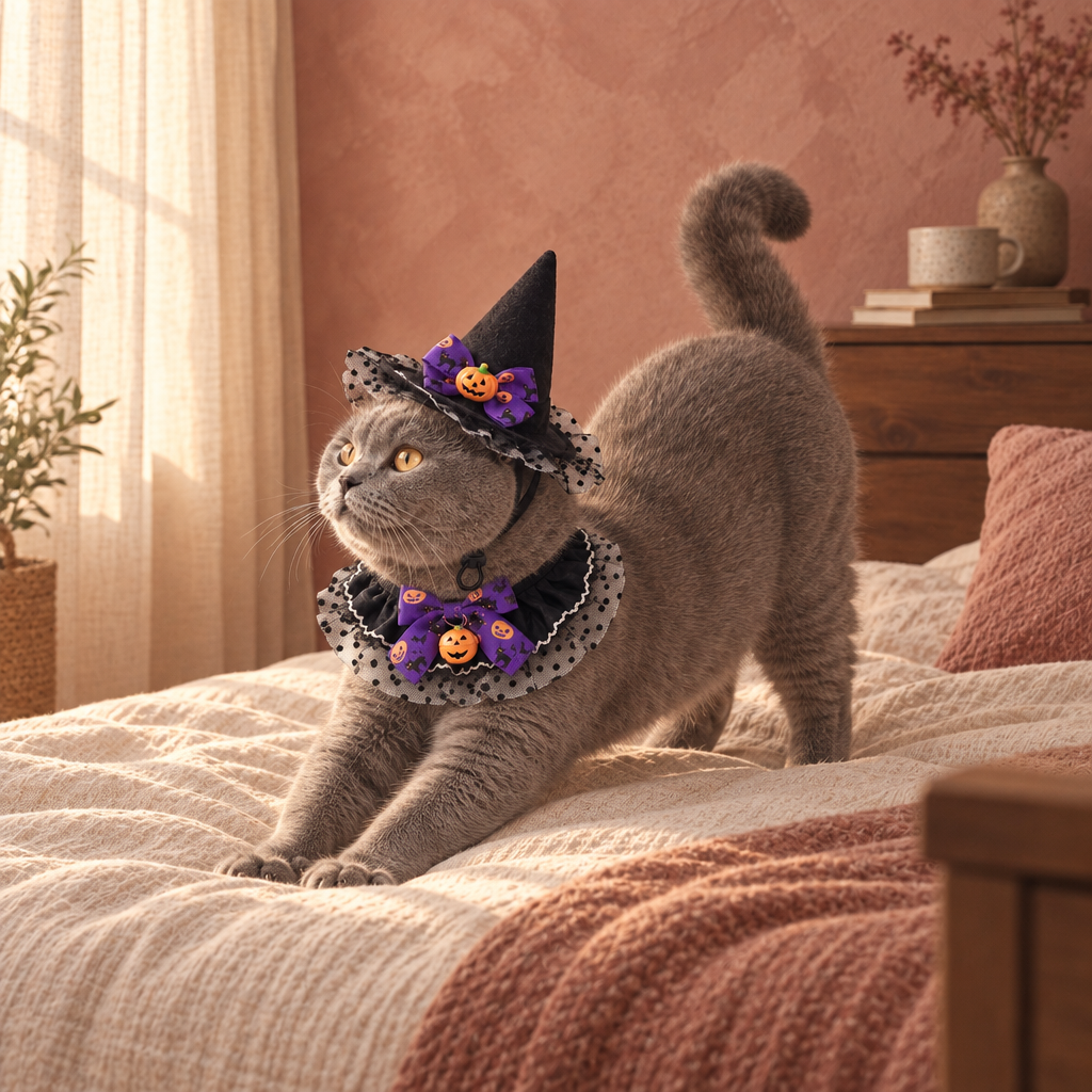 Ashby cat-sized pointed witch hat and tie-on bandana set