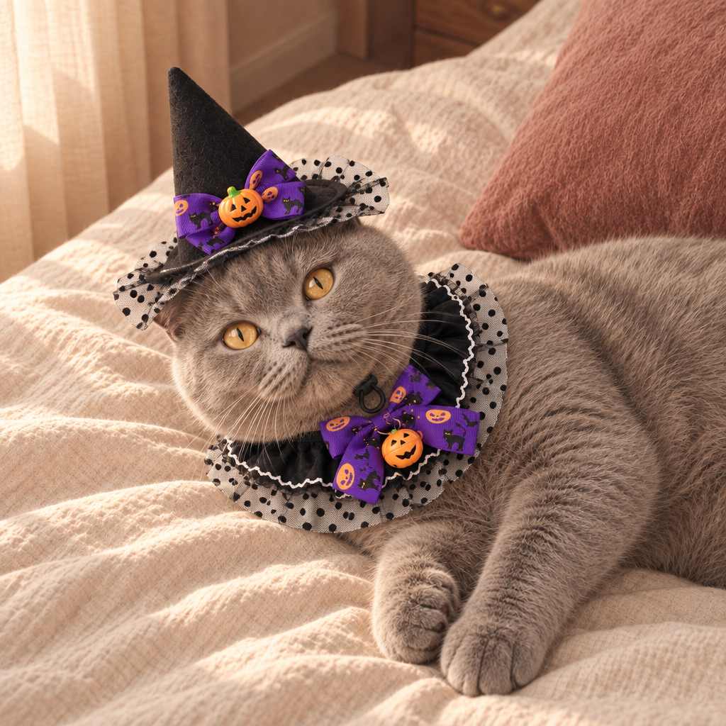 Ashby cat-sized pointed witch hat and tie-on bandana set