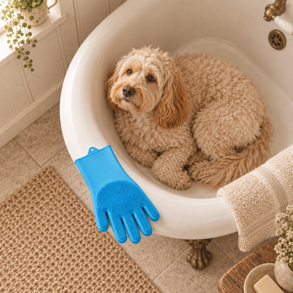 Otter silicone pet bathing and de-shedding glove with soft nubs and wrist strap