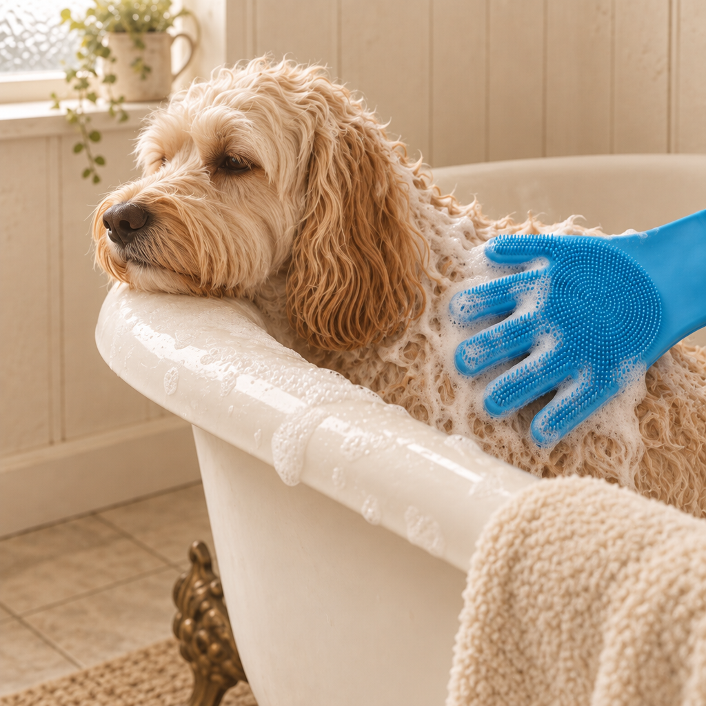 Otter silicone pet bathing and de-shedding glove with soft nubs and wrist strap