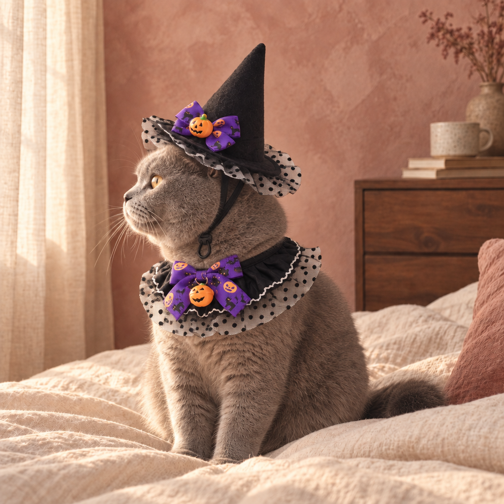 Ashby cat-sized pointed witch hat and tie-on bandana set