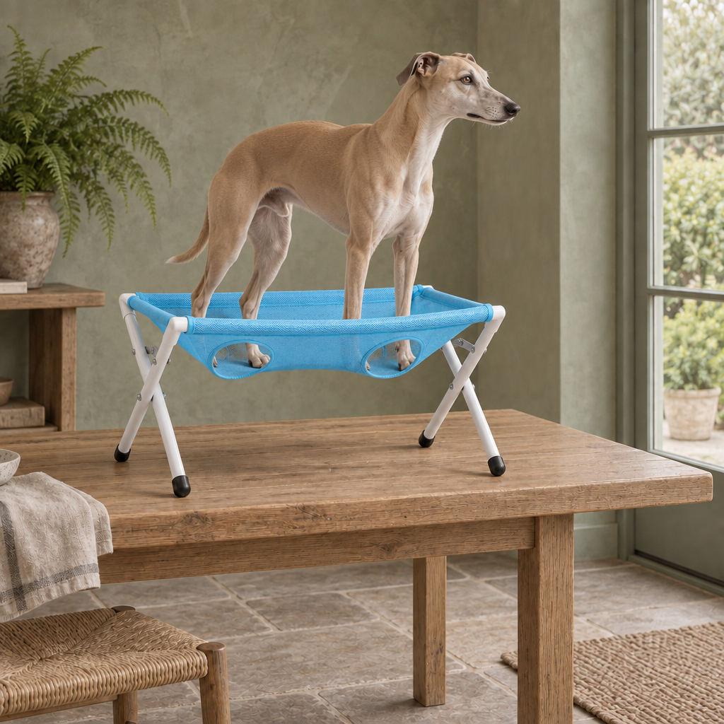 Elder foldable pet grooming rack with mesh sling and adjustable straps