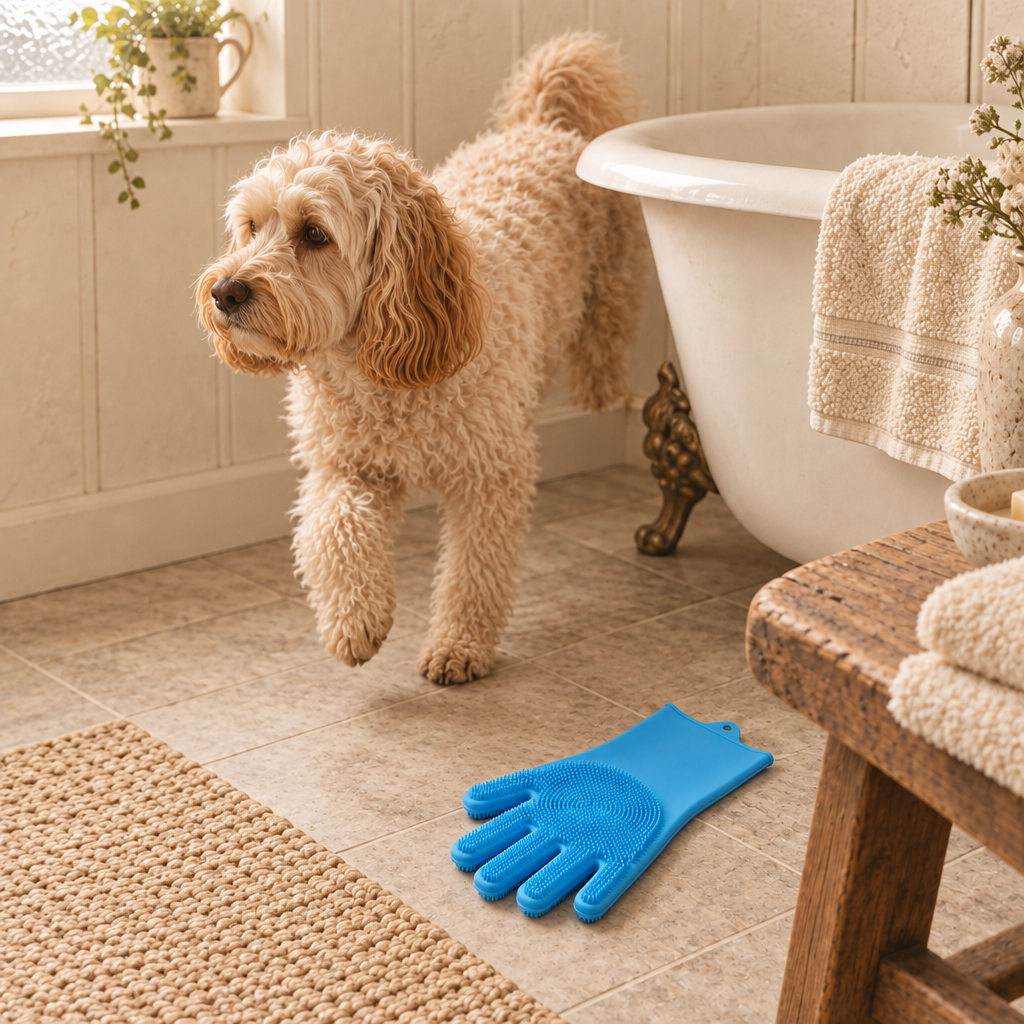 Otter silicone pet bathing and de-shedding glove with soft nubs and wrist strap