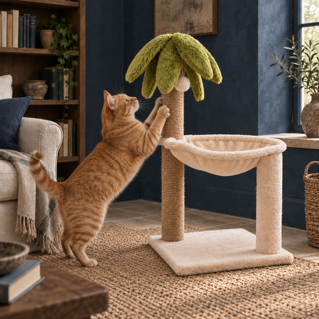 Marlow two-level cat tree tower with sisal-wrapped posts, slung hammock and plush platforms