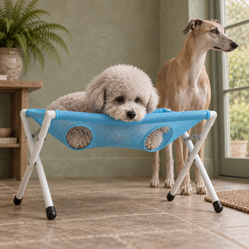 Elder foldable pet grooming rack with mesh sling and adjustable straps