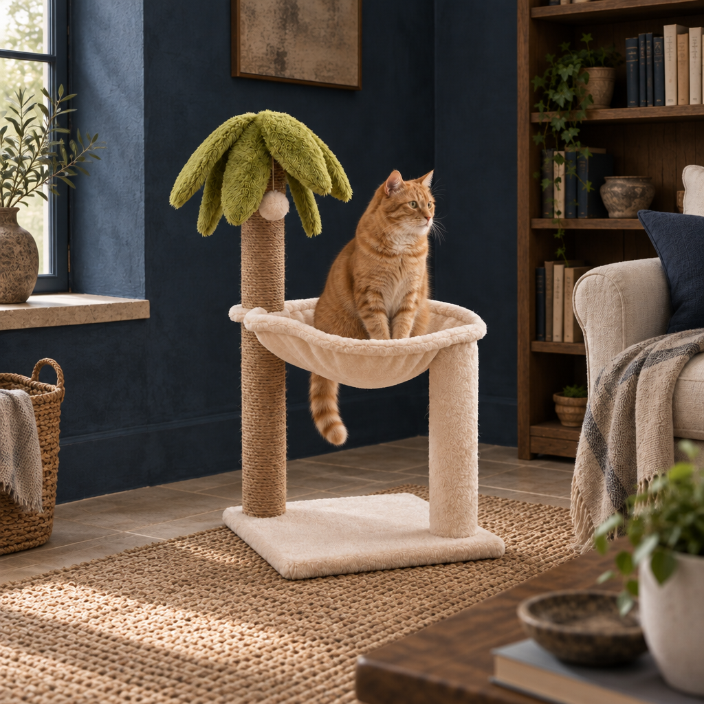 Marlow two-level cat tree tower with sisal-wrapped posts, slung hammock and plush platforms