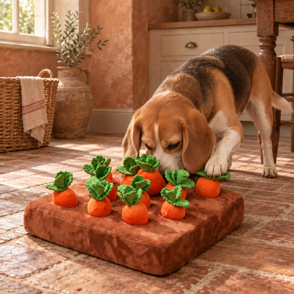 Kestrel plush dog snuffle mat with pull-out carrot toys