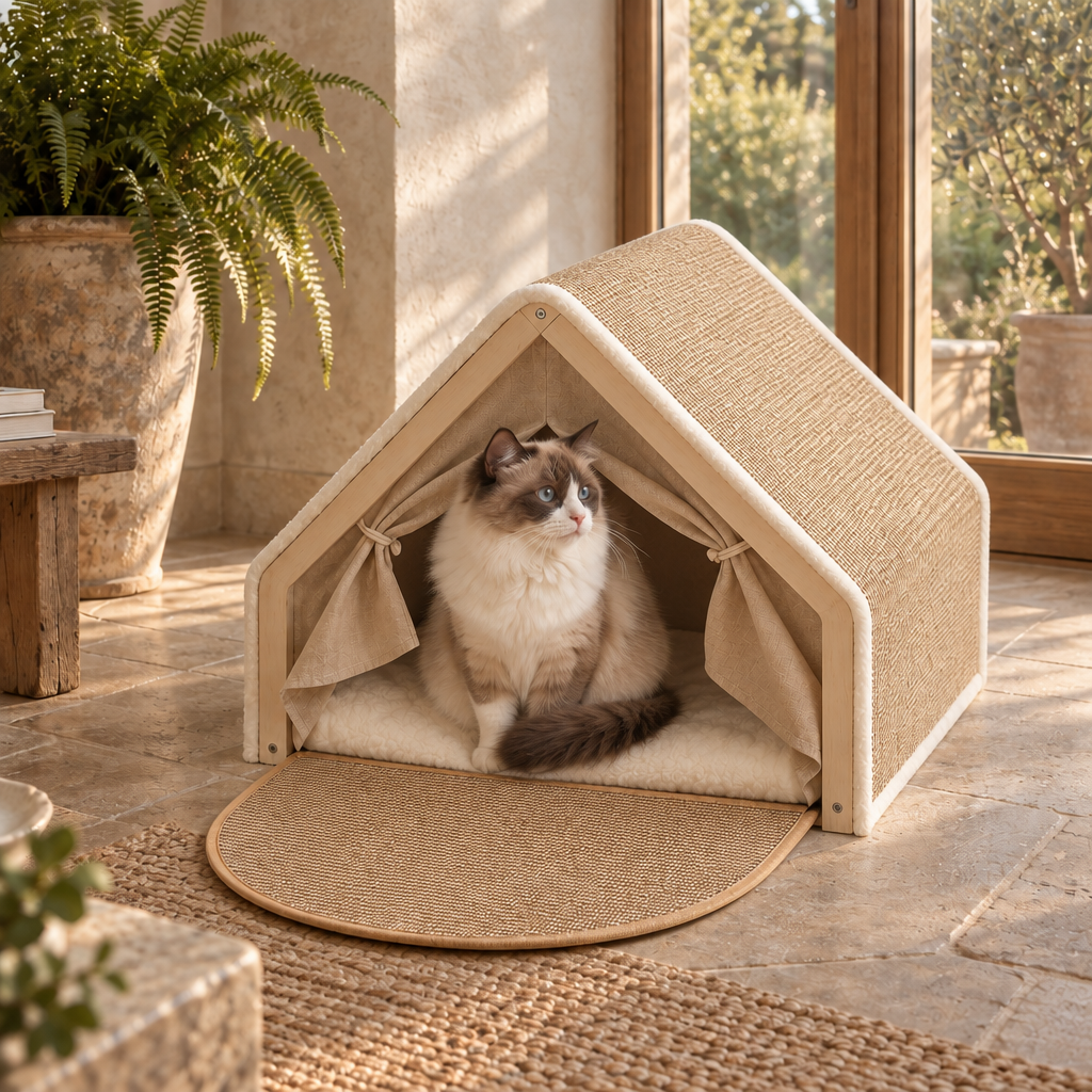 Ferris solid wood cat tent house with sisal-covered pitched roof