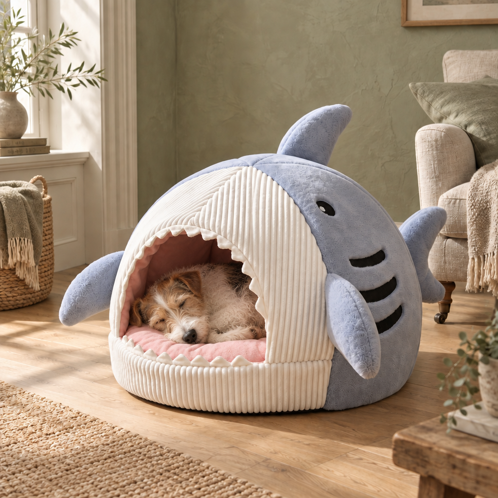 Barley padded shark-shaped pet bed with cushioned base and open mouth entrance