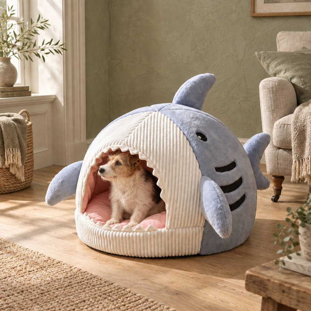 Barley padded shark-shaped pet bed with cushioned base and open mouth entrance