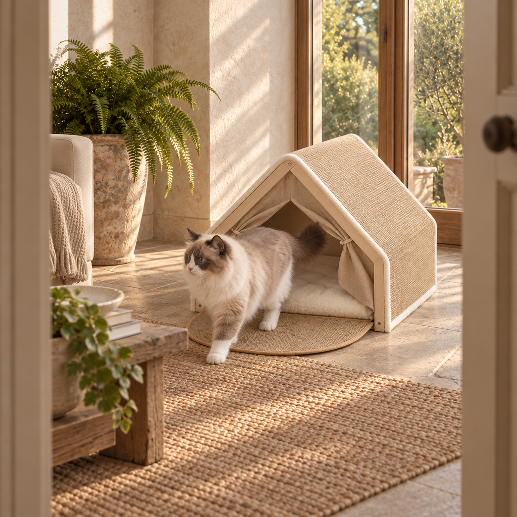 Ferris solid wood cat tent house with sisal-covered pitched roof