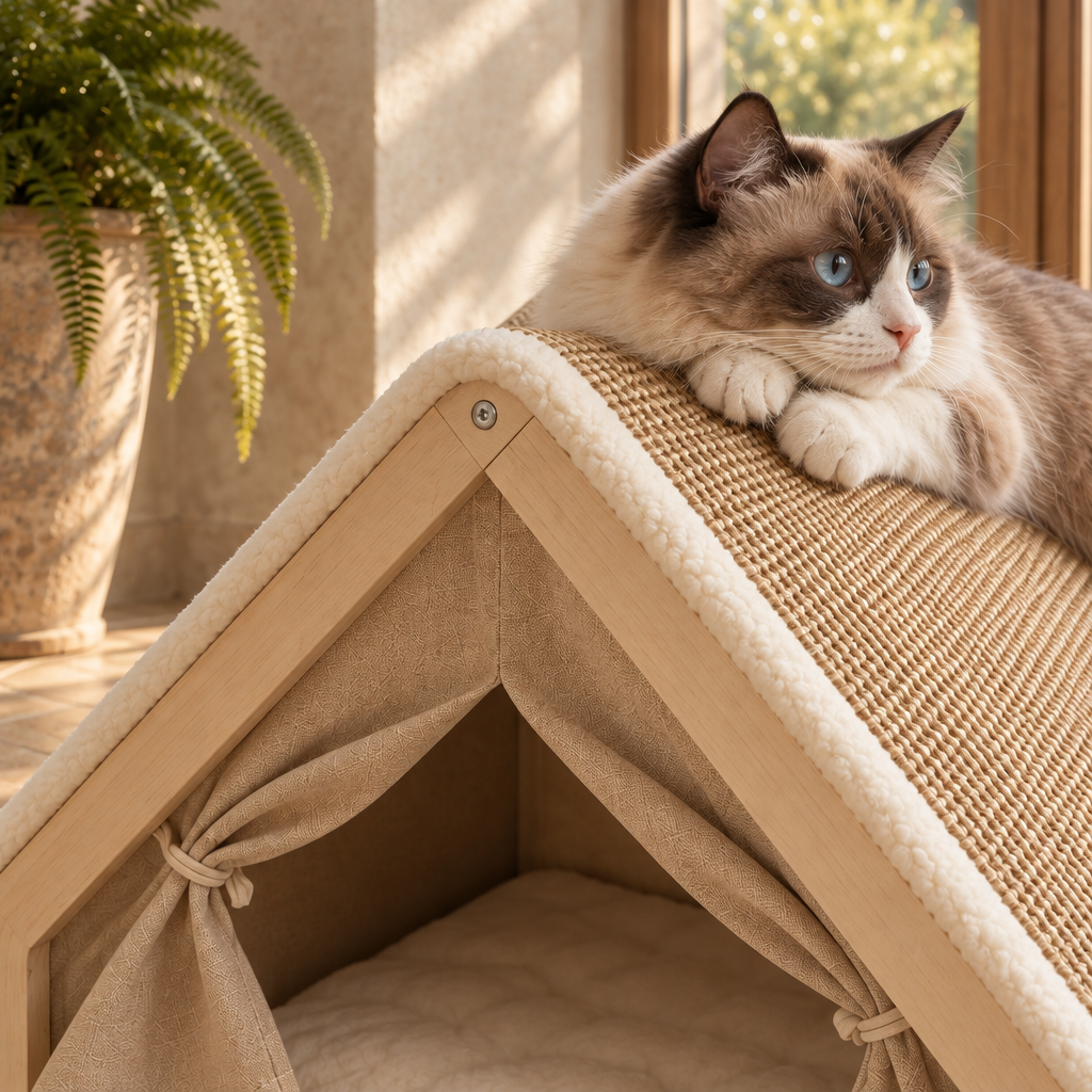 Ferris solid wood cat tent house with sisal-covered pitched roof