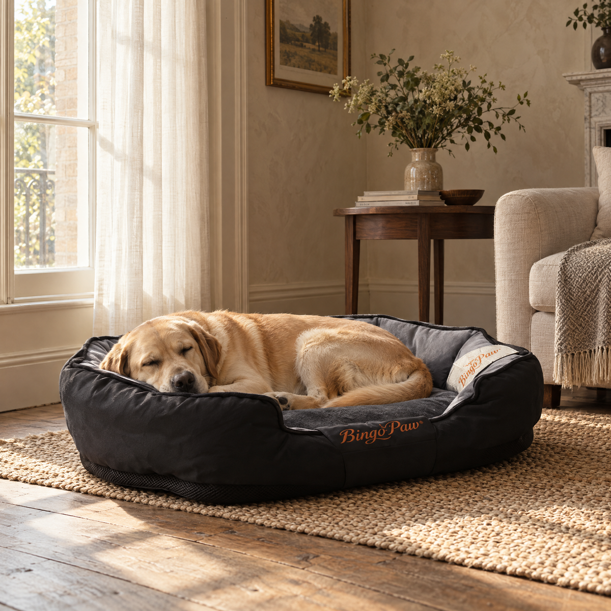 Lyndon Waterproof Dog Sofa Bed for Large Breeds with Bolster Sides – in a British home | The Fernby