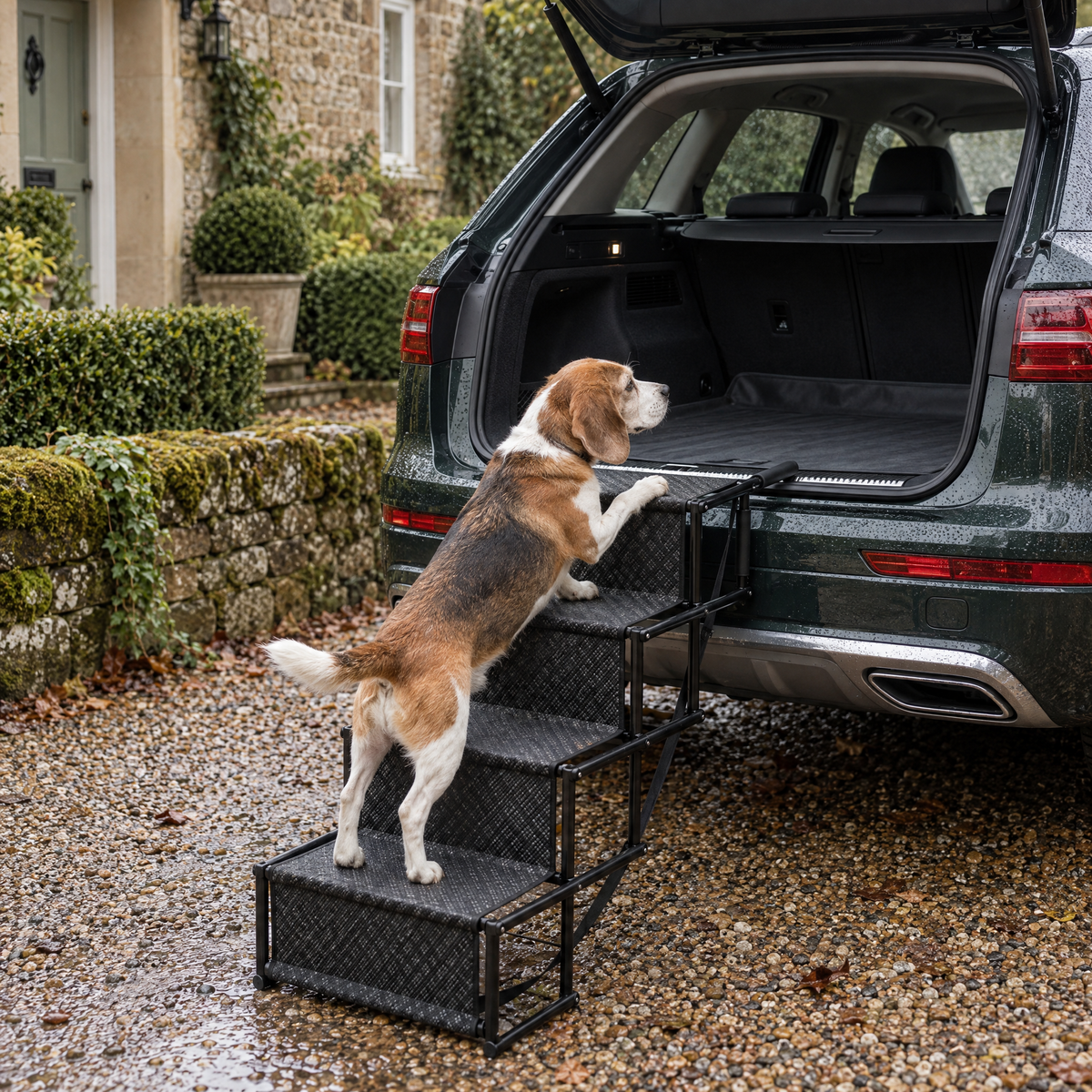 Bourne Foldable Dog Car Stairs for Boot Access with Wide Steps – in a British home | The Fernby