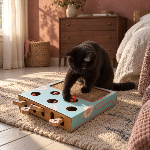 Amble Peek a Boo Cat Play Box for Indoor Cats with Scratchboard – in a British home | The Fernby