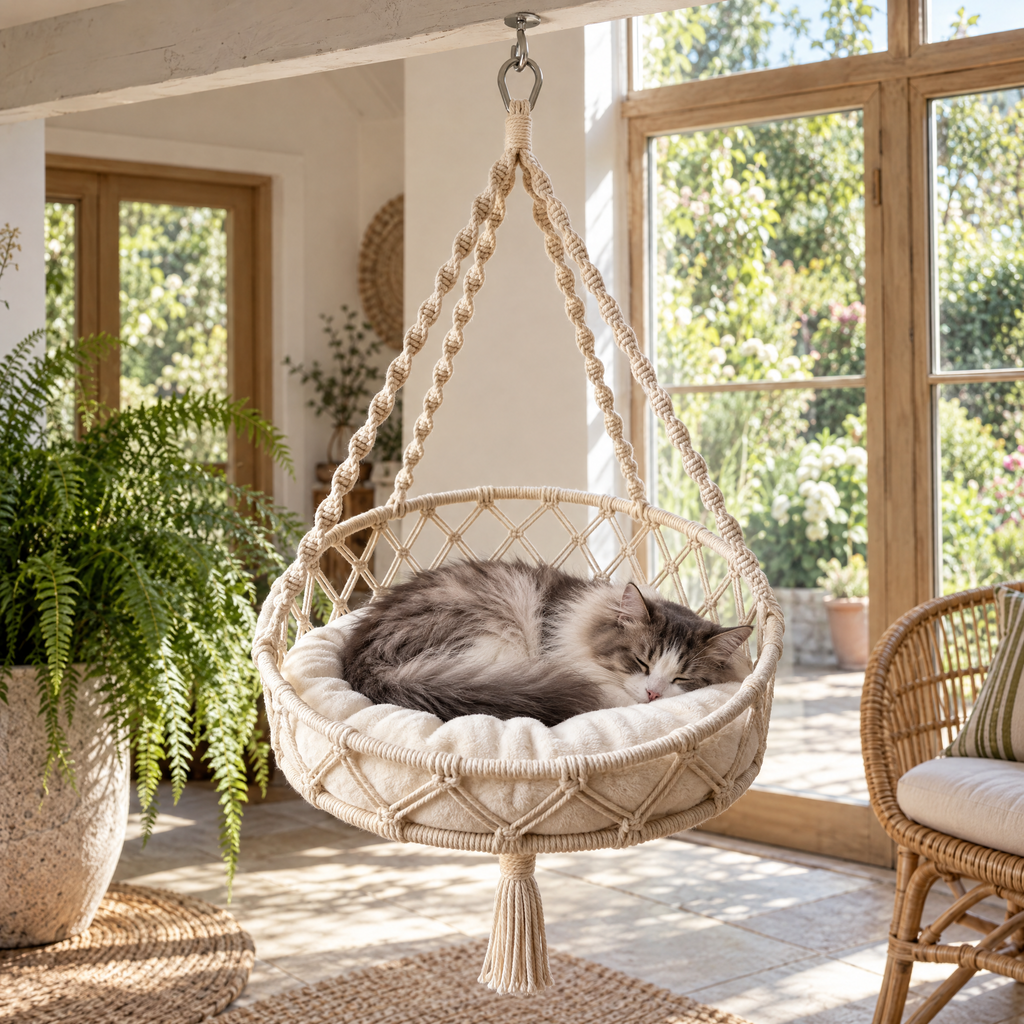 Nutley Hanging Macrame Cat Hammock for Indoor Cats with Soft Cushion – in a British home | The Fernby
