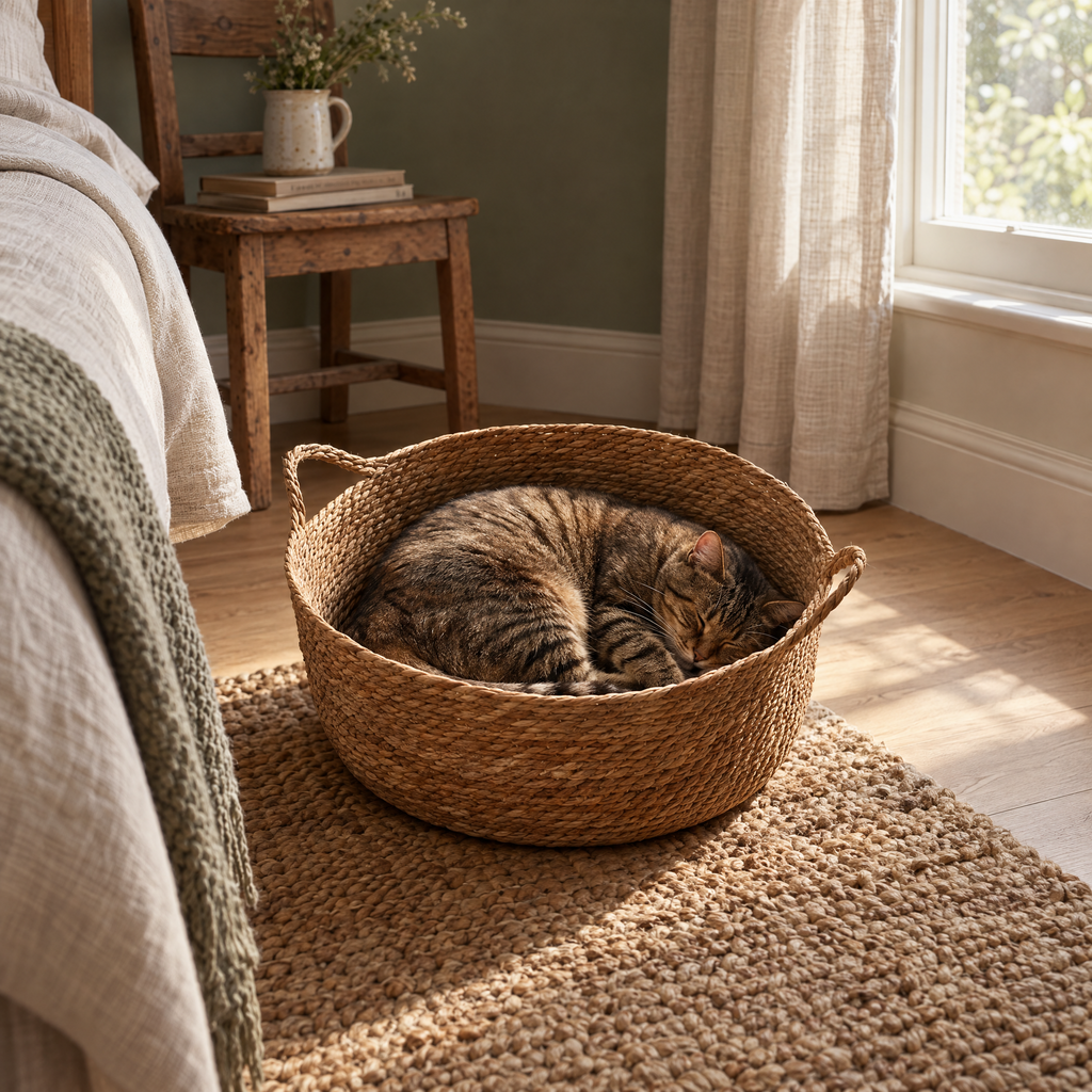 Nunney Woven Cattail Cat Basket for Indoor Cats with Carry Handles – in a British home | The Fernby