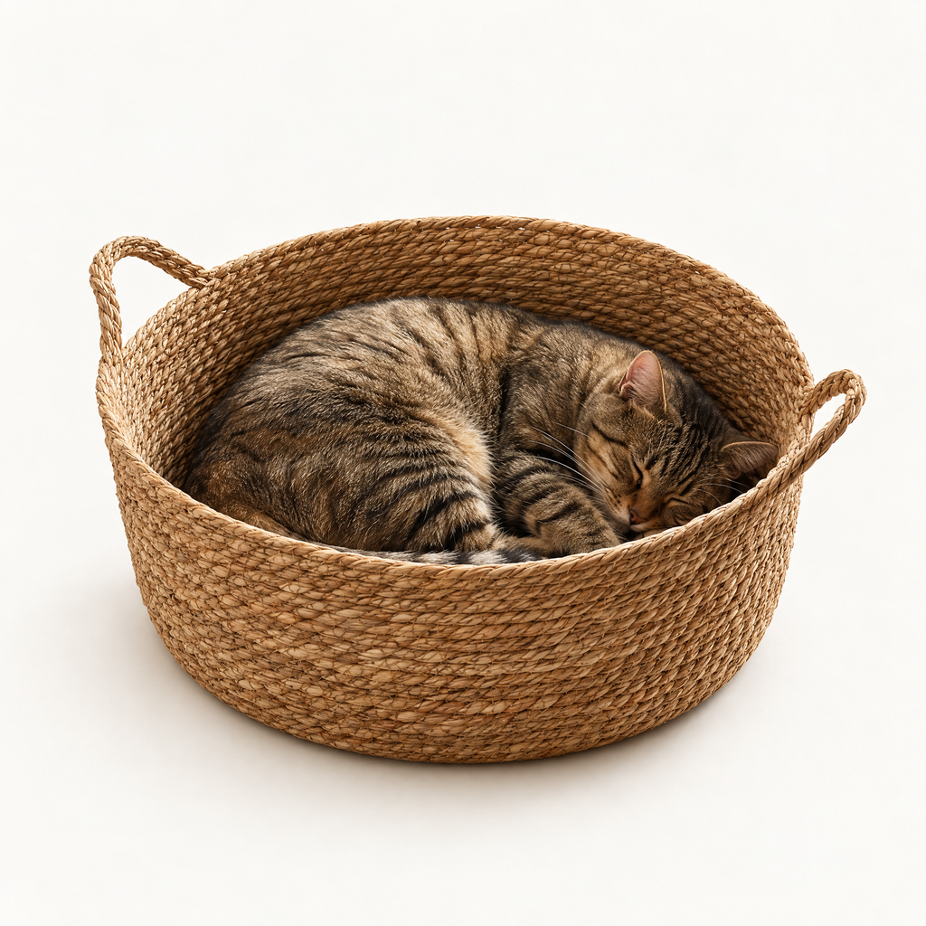 Nunney Woven Cattail Cat Basket for Indoor Cats with Carry Handles – studio hero | The Fernby