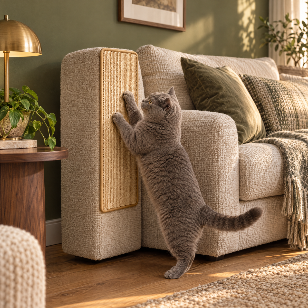 Dunster Faux Sisal Cat Scratcher Mat for Sofa Arms with Velcro Fixing – in a British home | The Fernby