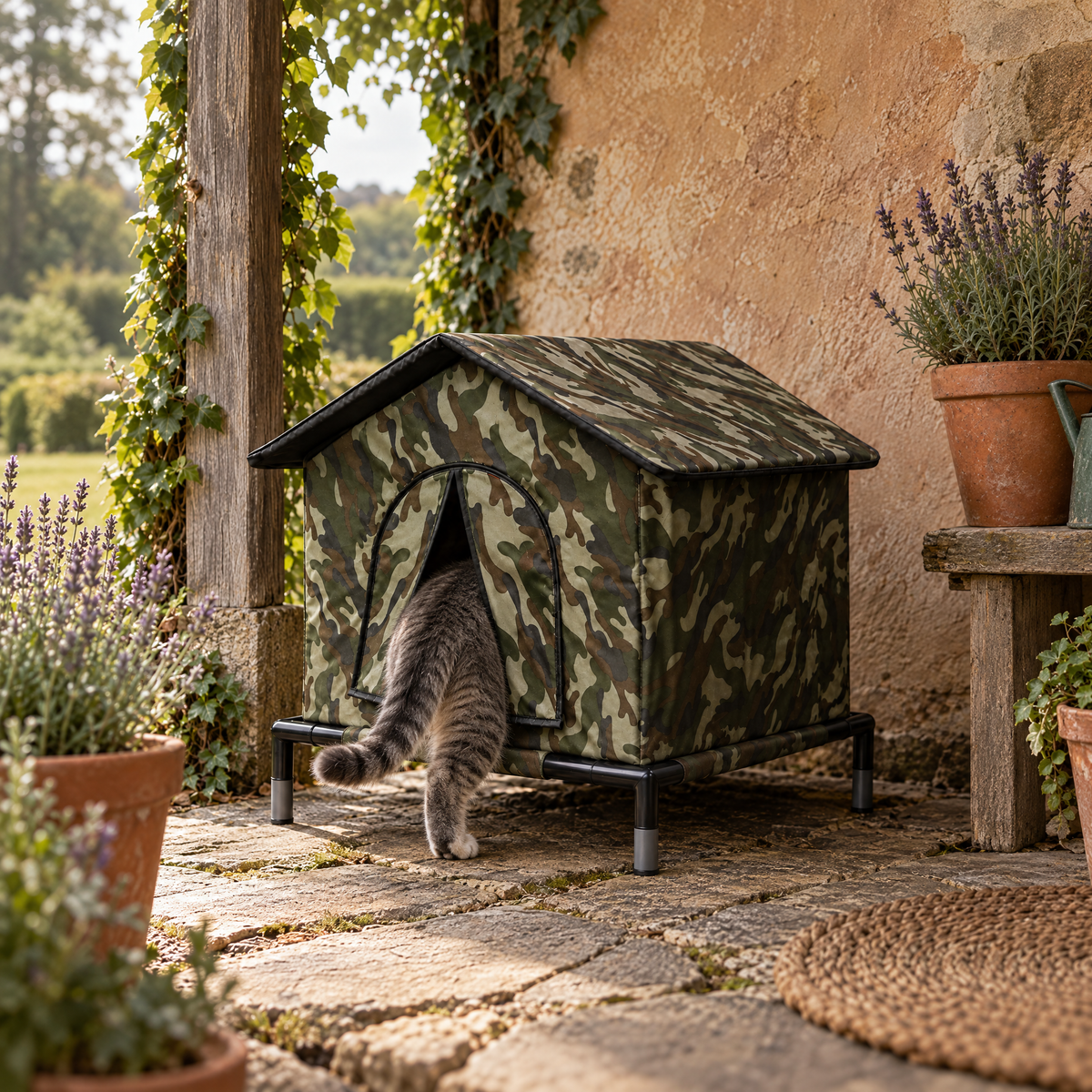 Norbury Foldable Outdoor Cat House for Gardens with Sloped Roof – room view | The Fernby