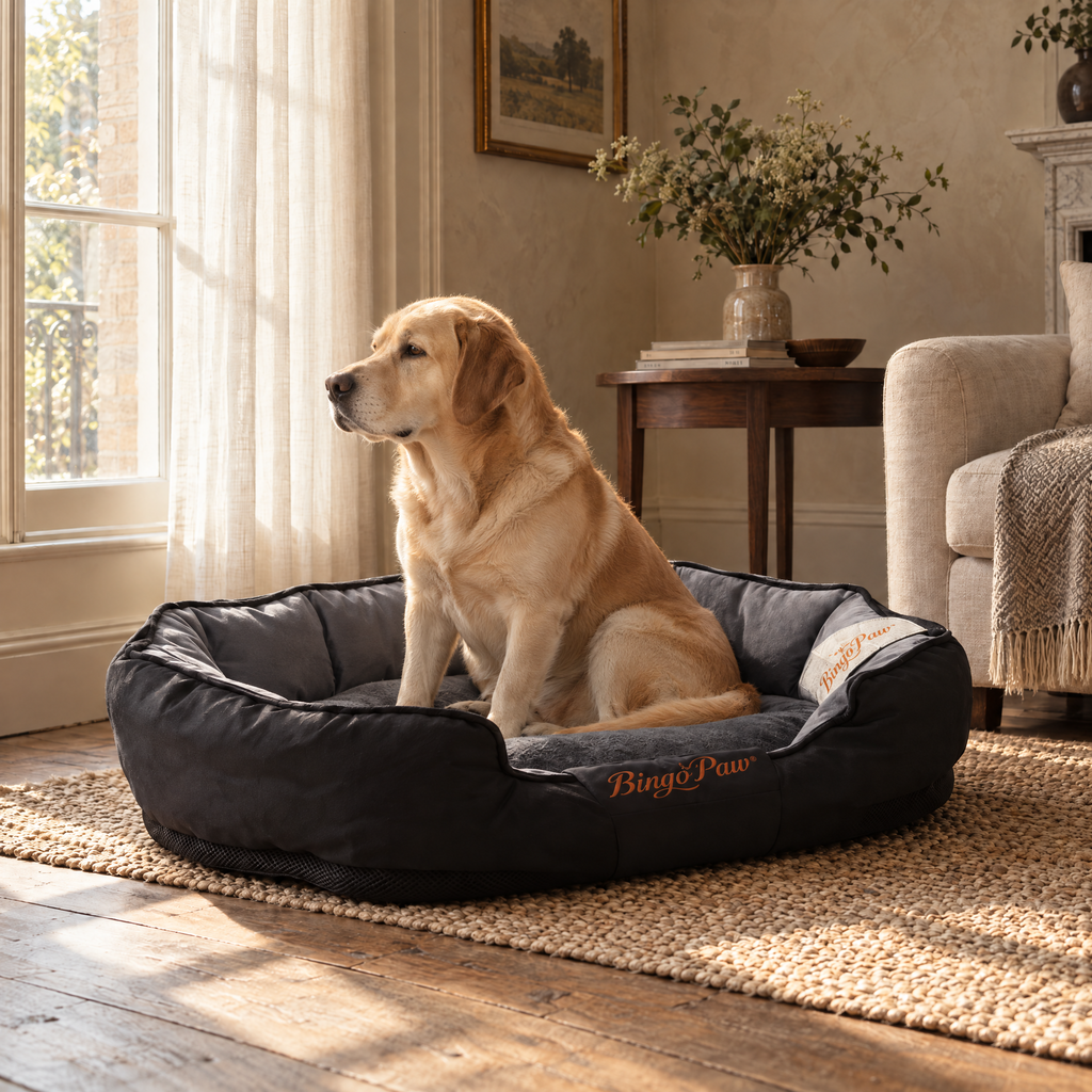 Lyndon Waterproof Dog Sofa Bed for Large Breeds with Bolster Sides – room view | The Fernby