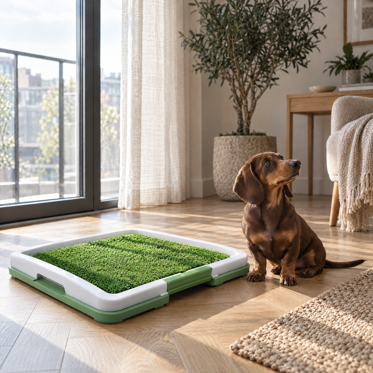 Fallow Washable Indoor Dog Toilet for Puppies with Drainage Tray – room view | The Fernby