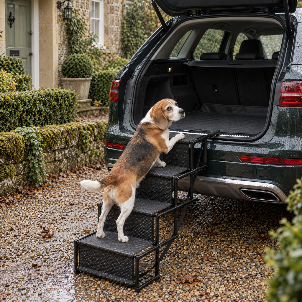 Bourne Foldable Dog Car Stairs for Boot Access with Wide Steps – room view | The Fernby
