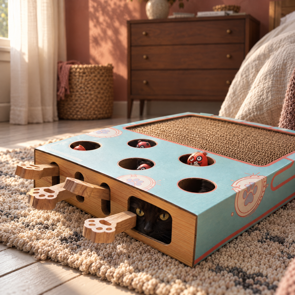 Amble Peek a Boo Cat Play Box for Indoor Cats with Scratchboard – close detail | The Fernby