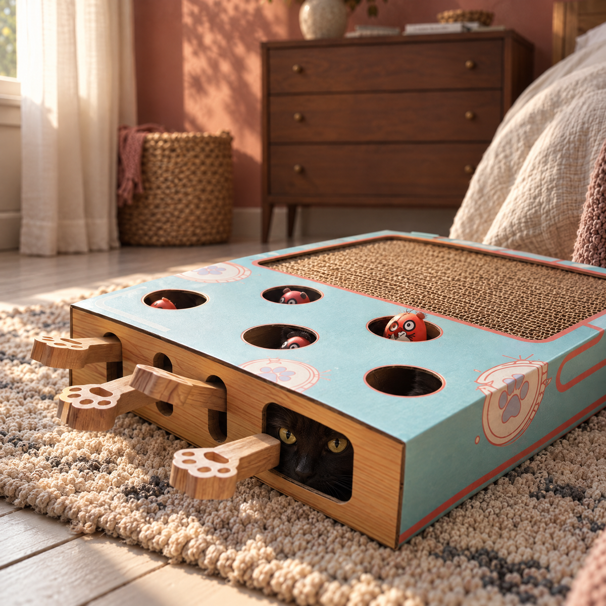 Amble Peek a Boo Cat Play Box for Indoor Cats with Scratchboard – close detail | The Fernby