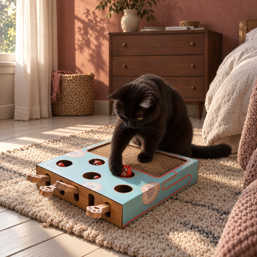 Amble Peek a Boo Cat Play Box for Indoor Cats with Scratchboard – room view | The Fernby