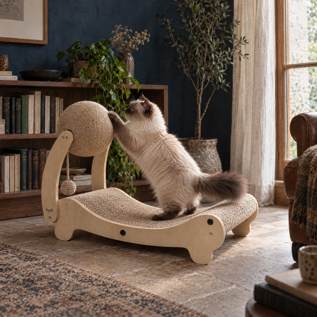 Ashdown Raised Cat Scratcher Lounge for Indoor Cats with Sisal Base – room view | The Fernby