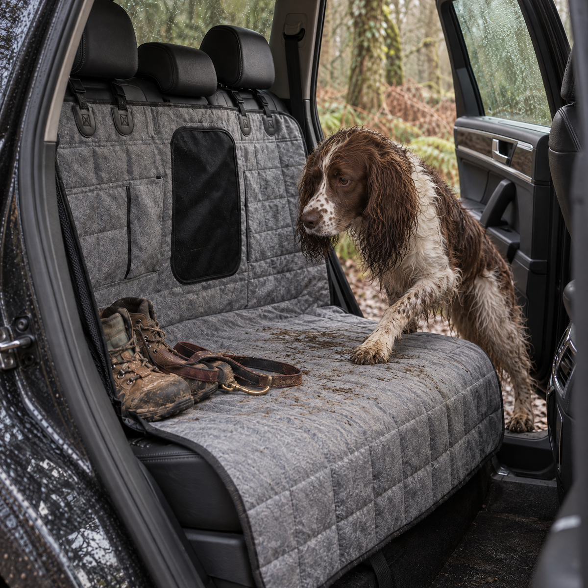 Thistle Waterproof Dog Car Seat Cover for Back Seat Trips with Straps – close detail | The Fernby