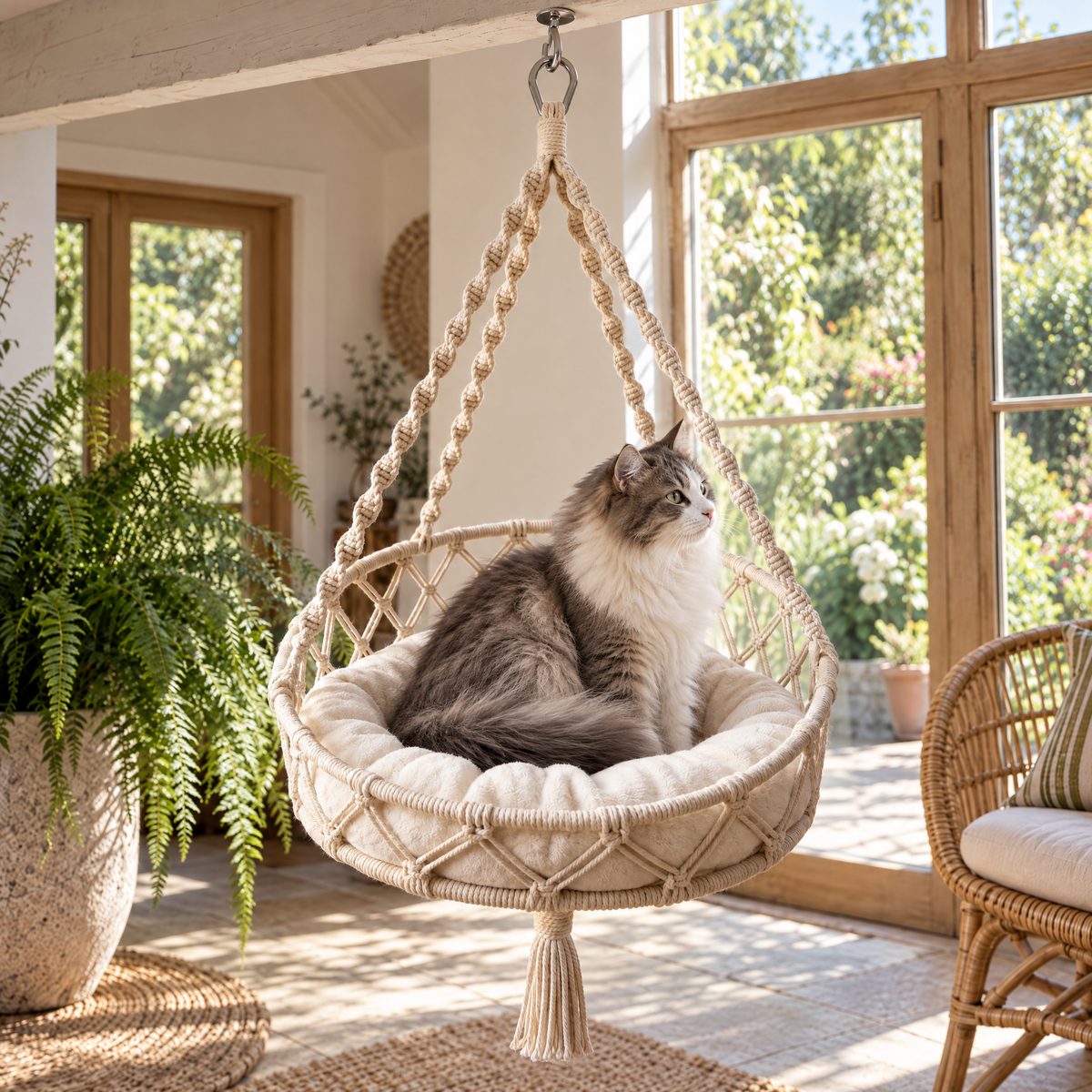 Nutley Hanging Macrame Cat Hammock for Indoor Cats with Soft Cushion – room view | The Fernby