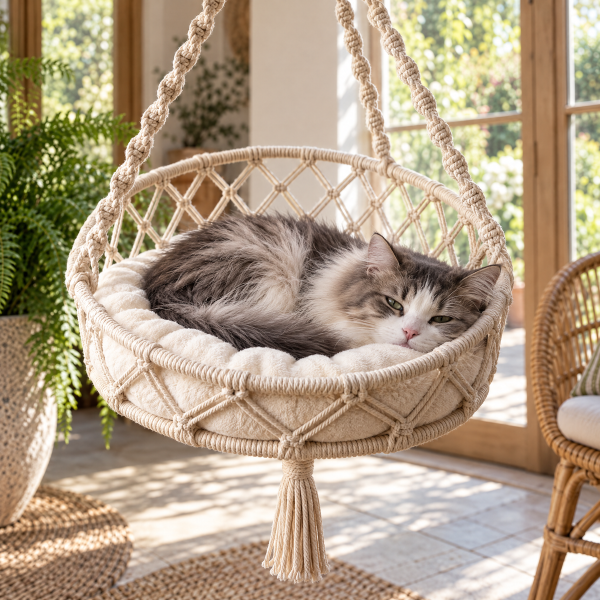 Nutley Hanging Macrame Cat Hammock for Indoor Cats with Soft Cushion – close detail | The Fernby