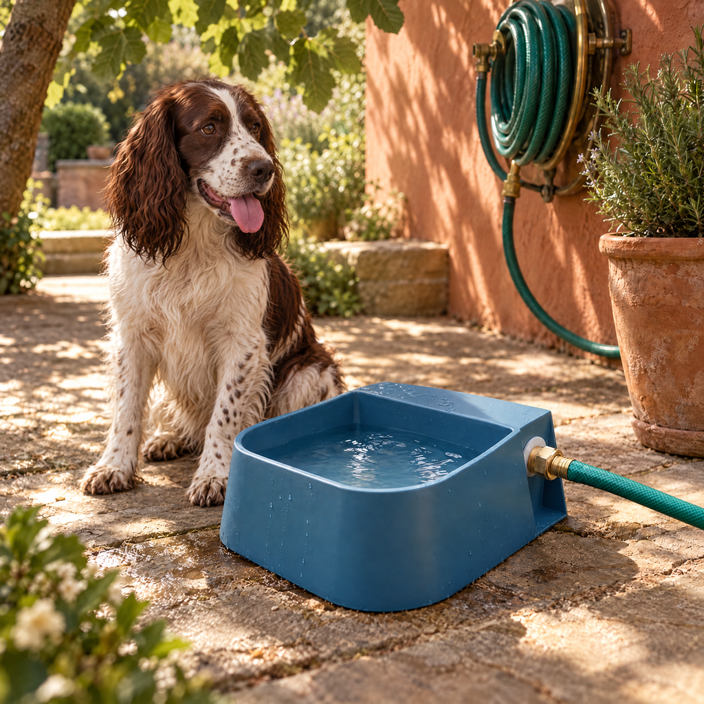 Lynmouth Automatic Dog Water Bowl for Garden Days with Float Valve – room view | The Fernby